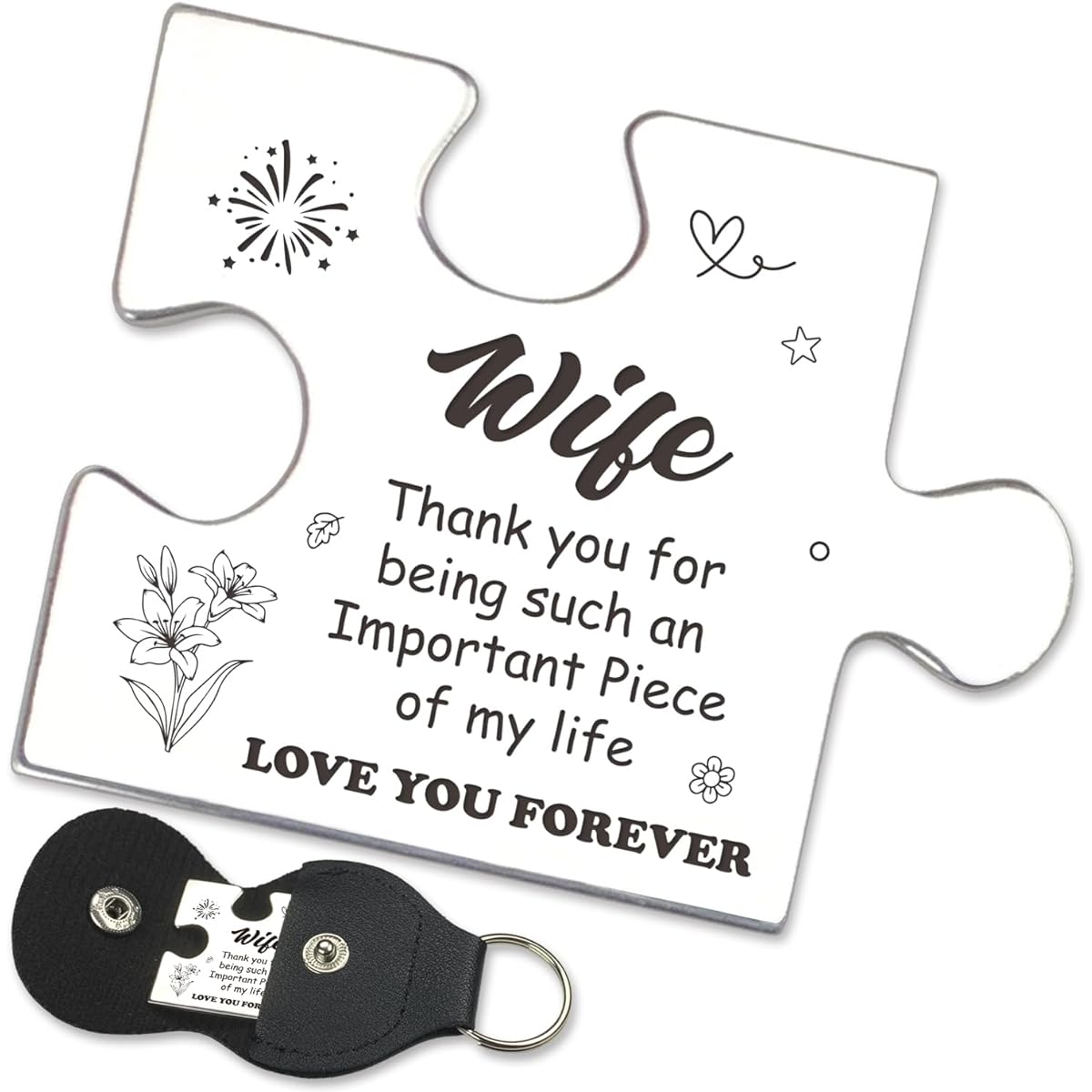 FTONENI Pocket Token Gifts for Wife, Wedding, Anniversary, Birthday, Christmas, Romantic, Long Distance Relationship, Thank You Gifts from Husband, Puzzle Pieces, Keepsake, with PU Leather Keychain - PTA17, Silver, Standard