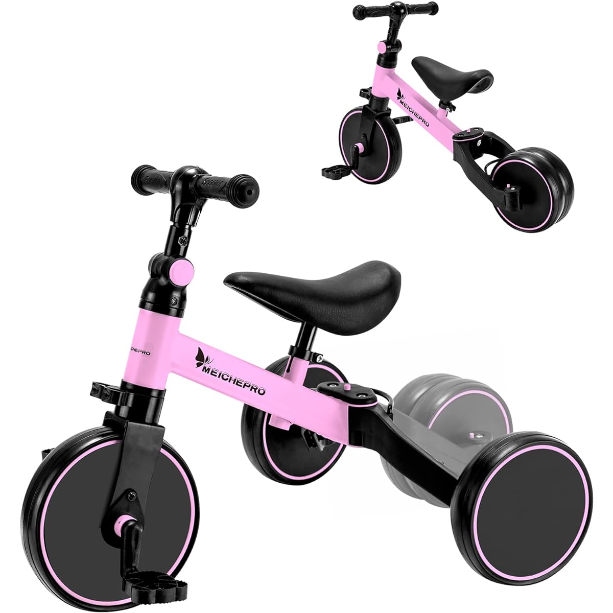 MEICHEPRO Tricycle Children's 3 in1 Bicycle Tricycle Without Petals Baby Walker for 1-5 Years Old Children Height Adjustable (Pink)