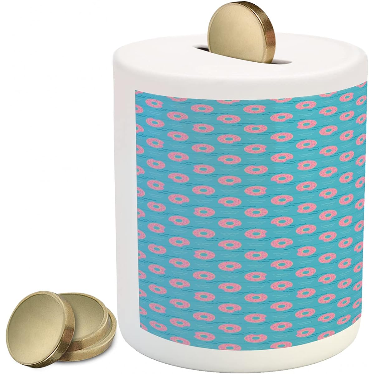 Lunarable Donut Piggy Bank Round Bakery Cake Summer Holiday Pool Party Vacation Theme Ceramic Coin Bank Money Box for Saving Cash 3.6" x 3.2", Pink and Pale Azure Blue