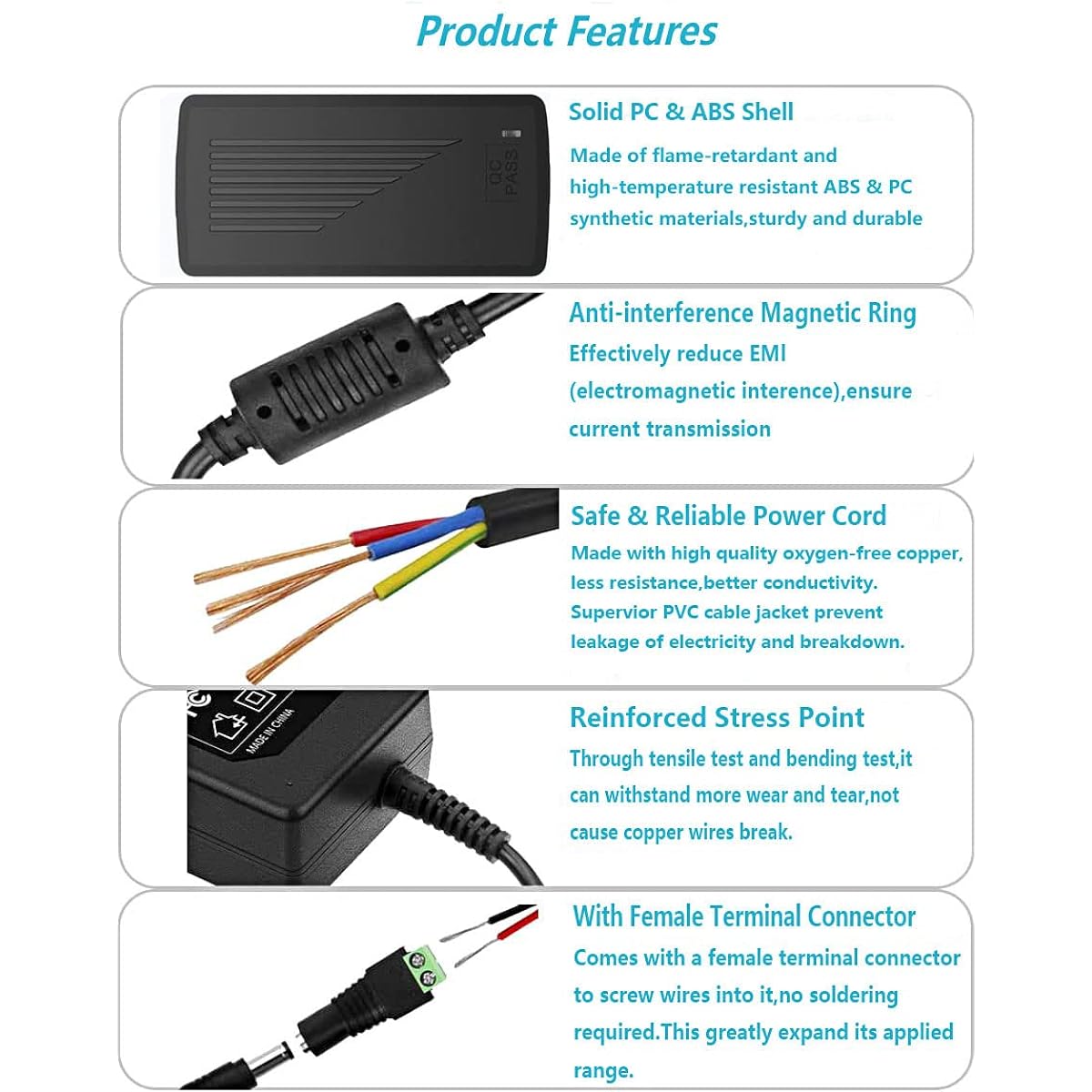 MTYTOT 12V 5Amp Power Adapter 100V-240V AC to DC 12 Volt 5A 3Amp 2A 1A AC/DC Power Adapter Supply Transformer 5.5mmX 2.5mm 2.1mm Plug for 12V LED Strip Light Security Camera