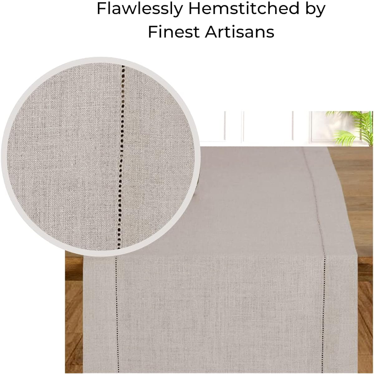 D'Moksha Homes 100% Pure Linen Table Runner/Dresser Scarf, Handcrafted from European Flax, Machine Washable, Classic Hemstitch, 14 x 60 Inch, Natural