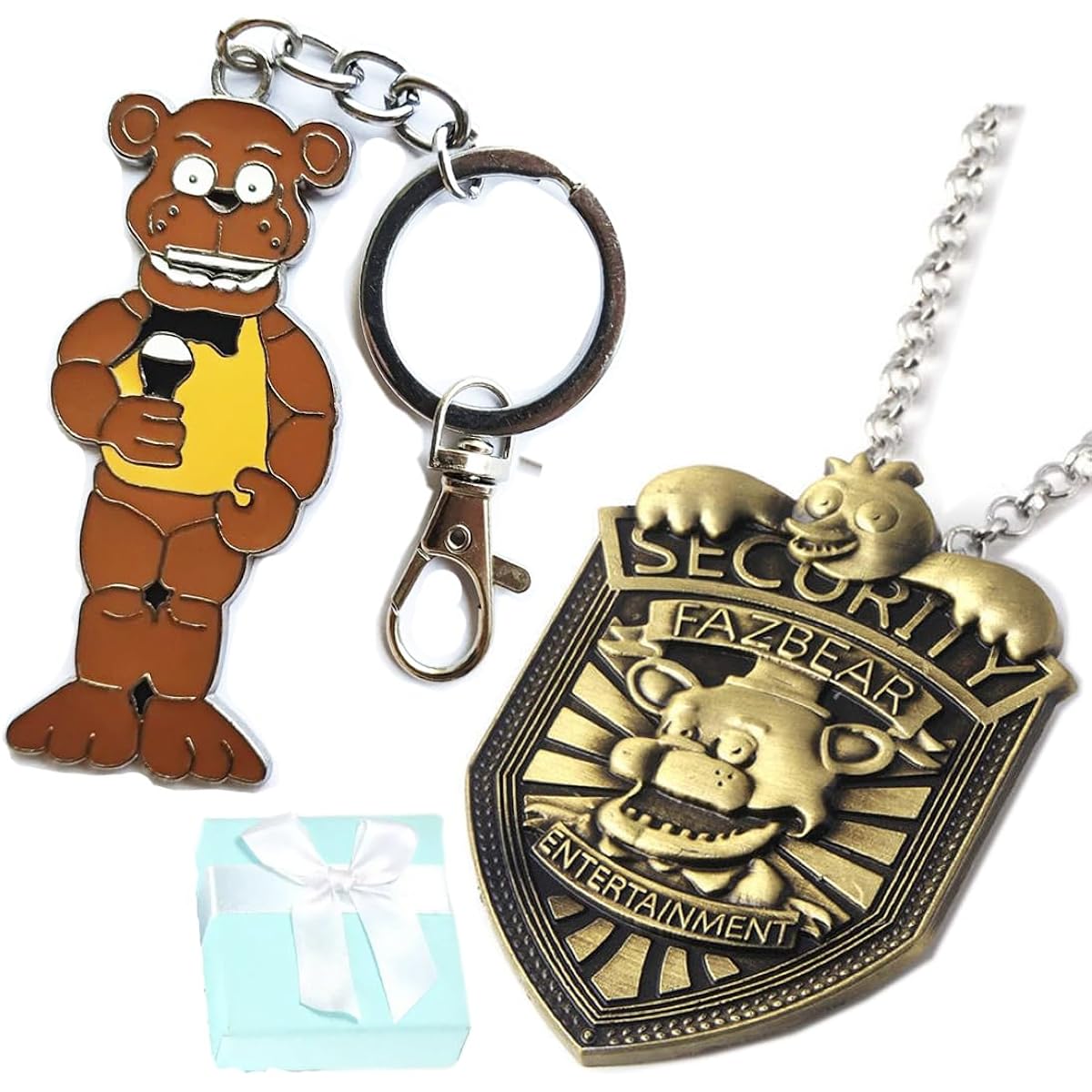 FNAF Security Badge Metal Pin Pendant Necklace Freddy Fazbear Chica Bonnie Five Nights at Freddy Cosplay Uniform Security Pin Badge 5 Nights at Freddy's Metal Badge Costume