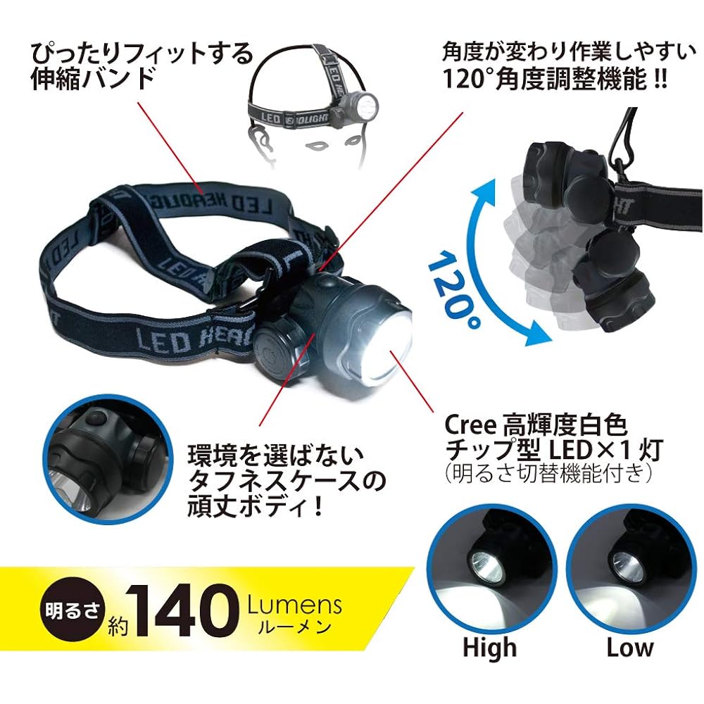 Contec Aqua Headlight Pro [Brightness 140 lumens/Practical lighting 6 hours/Immersion proof] Uses 3 AAA batteries KE-180 Black 75 x 55 x 65 mm