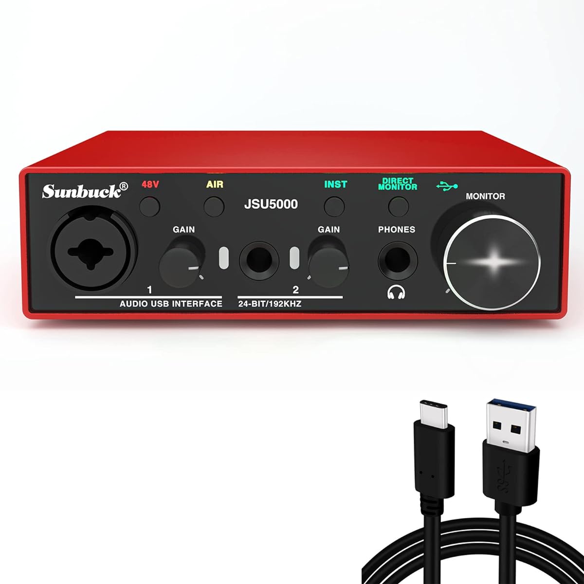 【Professional Recording, Studio Quality】2023newest Sunbuck USB Audio Interface, 24Bit/196kHz High-Fidelity, Ultra-low Latency, with XLR/48V Phantom Power for Recording