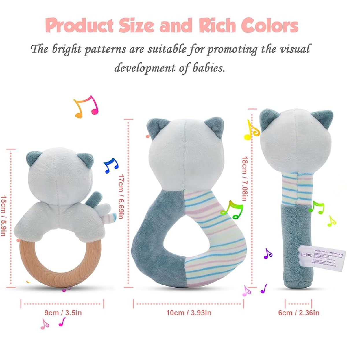 Itty-Bitty 3pcs Baby Rattles 0-12 Months Baby Soft Rattle Newborn Sensory Toy High Contrast Baby Toys 0-12 Months Plush Rattle Toy Toddler Boys Girls Squeaker Rod Gift (Blue)