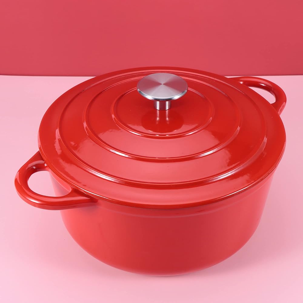 Rockwell Cast Enamel Pot, Waterless Pot, Two-handed Pot, Induction Compatible, Deep 24cm, Red, Waterless Cooking, Steam Circulation, Special Knob Shape, Non-Stick, Easy to Clean, Cast Enamel (24cm, Red)