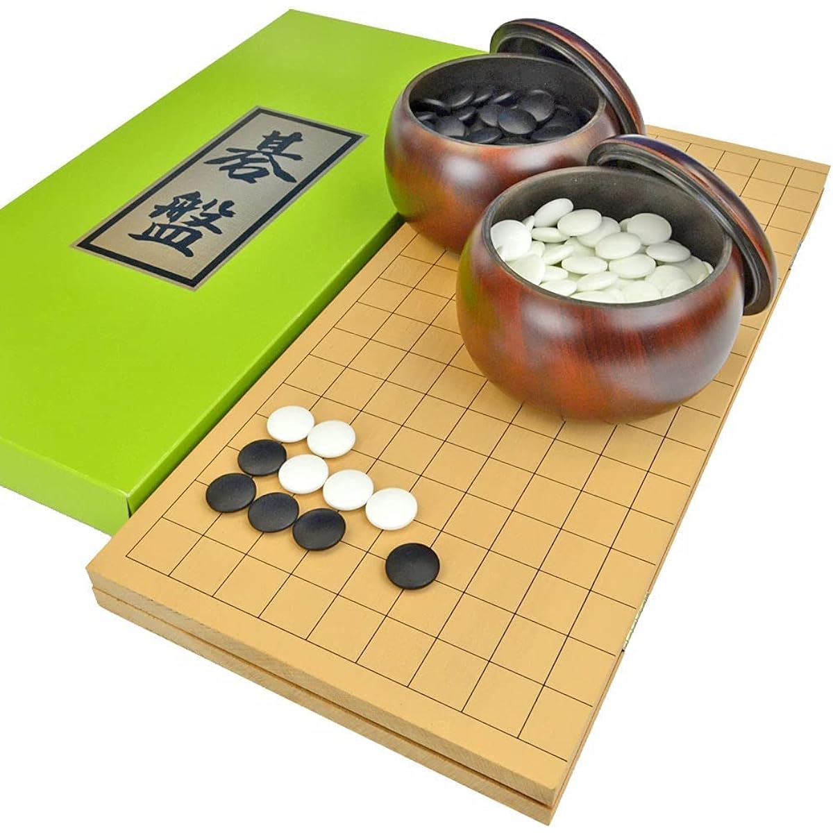 Shin-Katsura No. 5 folding go board set that lets you enjoy playing, Ume glass go stones, large fine wood plastic go bowl, Shogoya mini wooden go set with camellia oil for easy maintenance *Also great for go clubs
