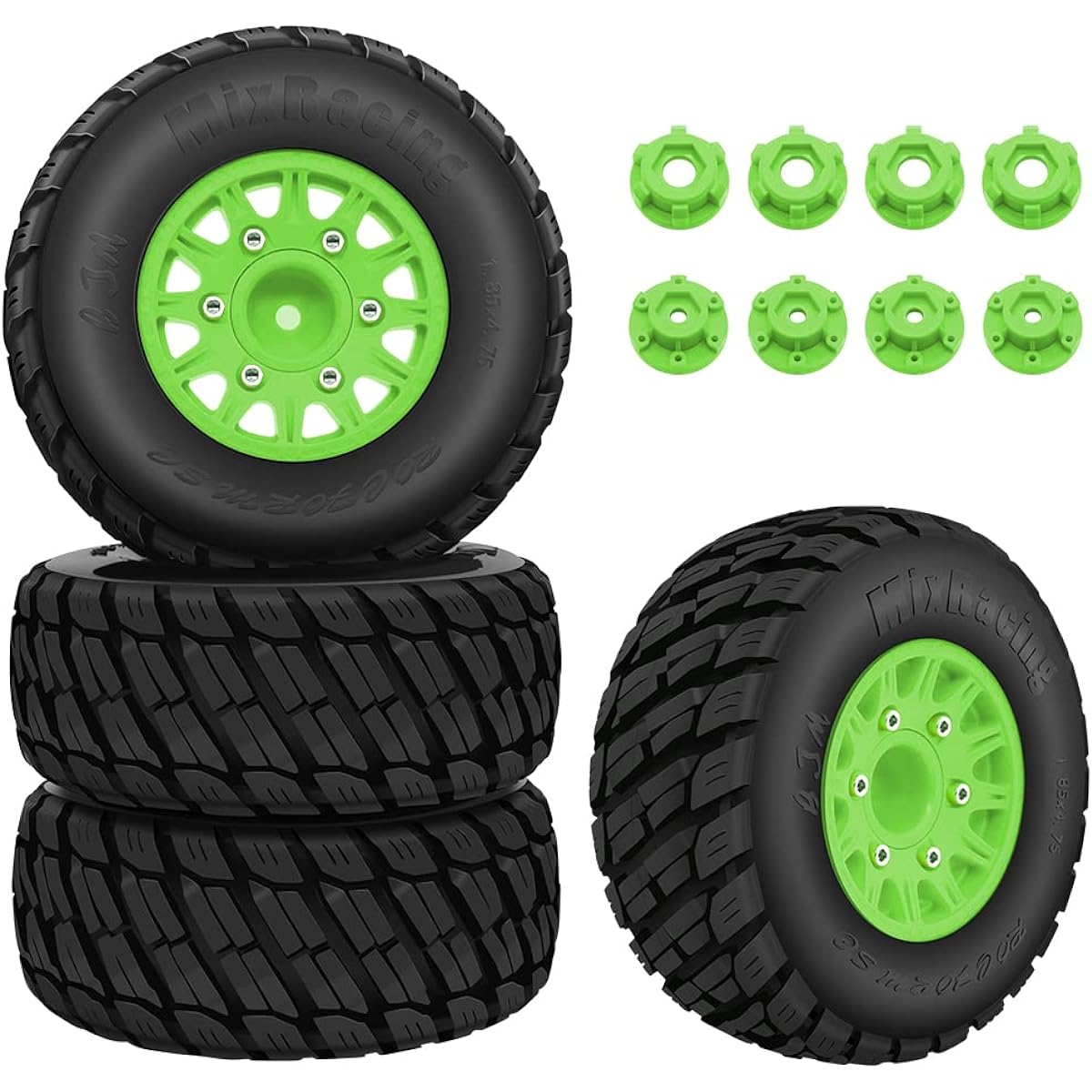 GLOBACT RC Truck Tires 1/10 Scale Alma Senton Tires Traxxas Slash Tires Axial Redcat Rc4wd Hex Detachable Replacement 14mm 12mm RC Wheels and Tires (Green 4 Pieces)