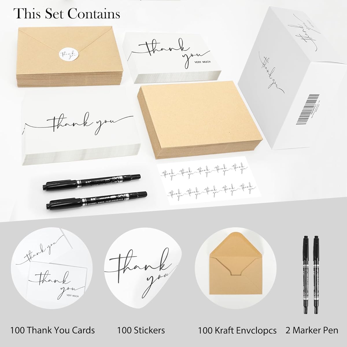 NESCCI Thank You Cards with Envelopes 100 Sheets 4x6 Inch Minimal Design Thank You Notes for Wedding/Bridal Shower/Business/Baby Shower/Small Business/Funeral/Graduation
