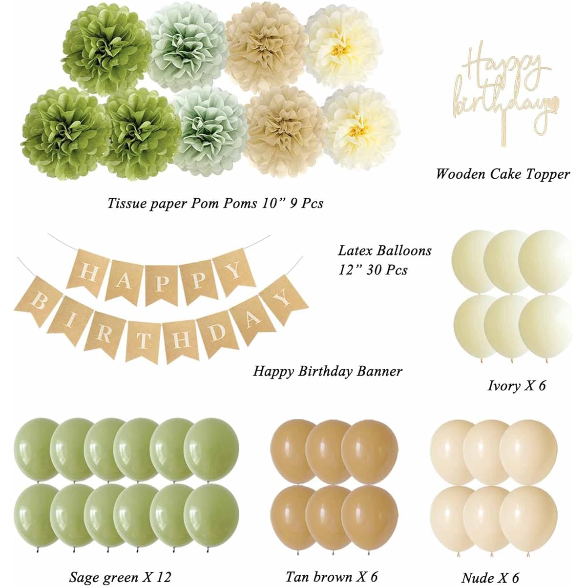 ANSOMO Rustic Sage Green Happy Birthday Party Decorations Eucalyptus Retro Olive Green Tan Khaki Kraft Brown Cream Ivory Nude Blush Decor Supplies Neutral Botanical Green Banner Balloons Pom Poms