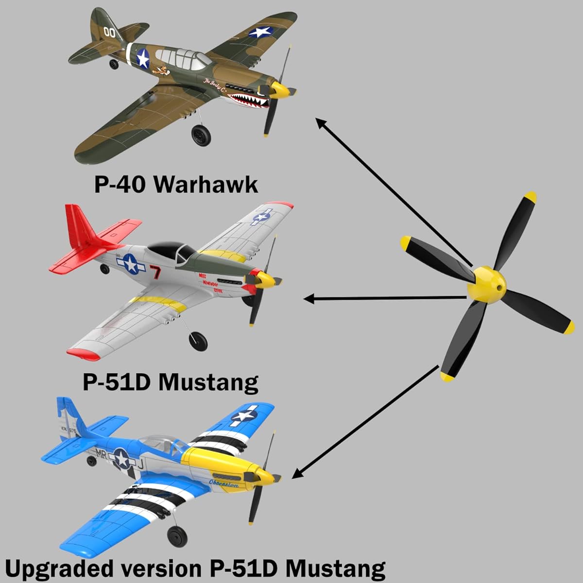 LEAMBE 3 Sets 4-Blade Propeller Spare RC Airplane Propellers for P51 Mustang & P40 Warhawk Remote Control Airplane Nosecone