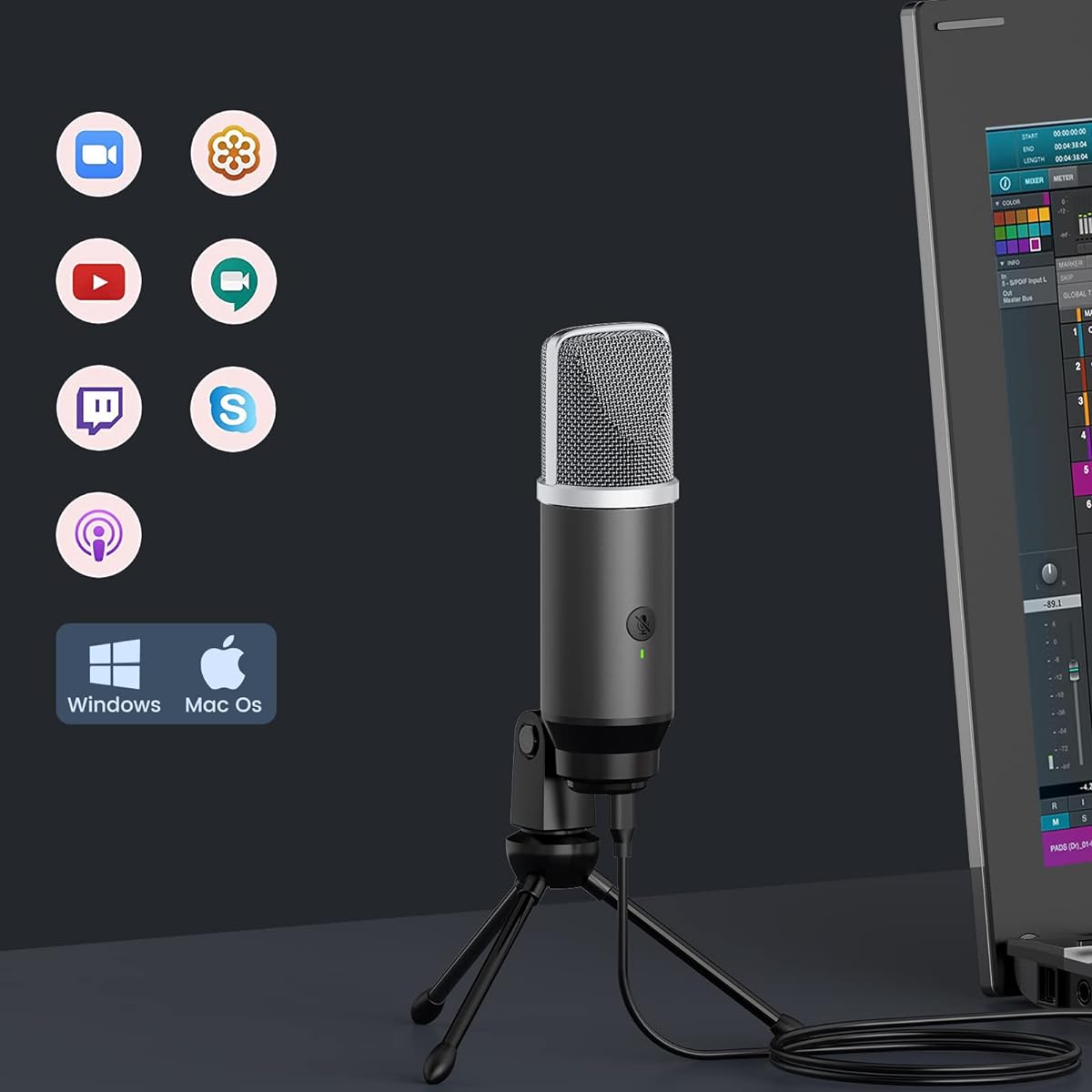 Lavales Condenser Microphone USB Microphone with Tripod for Streaming/Podcasting/Vocal/Recording/Gaming/Meeting/Computer Microphone, Silver