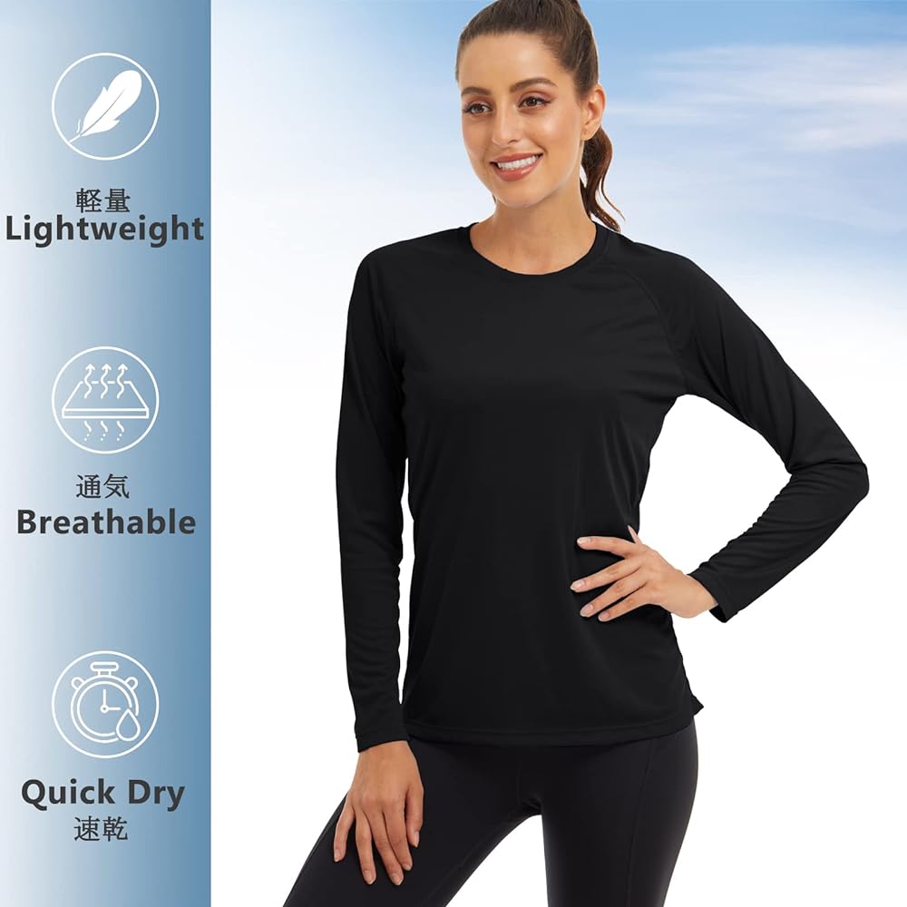 [KEFITEVD] Long Sleeve T-Shirt, Women's Sports, Sweat Absorbent, Quick Drying, Rash Guard, Running, UV Protection, Tops, Plain, Stretch, Crew Neck, Spring, Autumn, Summer