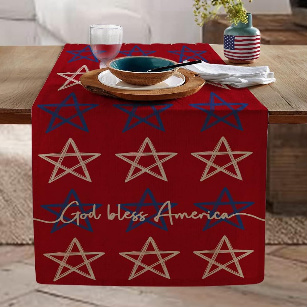 4th of July Decoration Table Runner 14x7.5 inches (35.48x172.88 cm), Memorial Day American Flag Stars and Stripes, Patriotism, God Blessing, America, Freedom, Liberty, Independence Day Decor, AT207