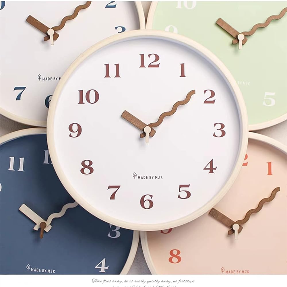 §BOMU-TECH∞BOMU Wall Clock, Natural, Wooden Frame, Scandinavian Design, Stylish, Popular, Quiet, Wall Clock, Round, Continuous Second Hand, Creative Wave Shape, Solid Wood Hand, Capital Letters, Easy to Read, Living Room Interior, Housewarming Gift (12 i