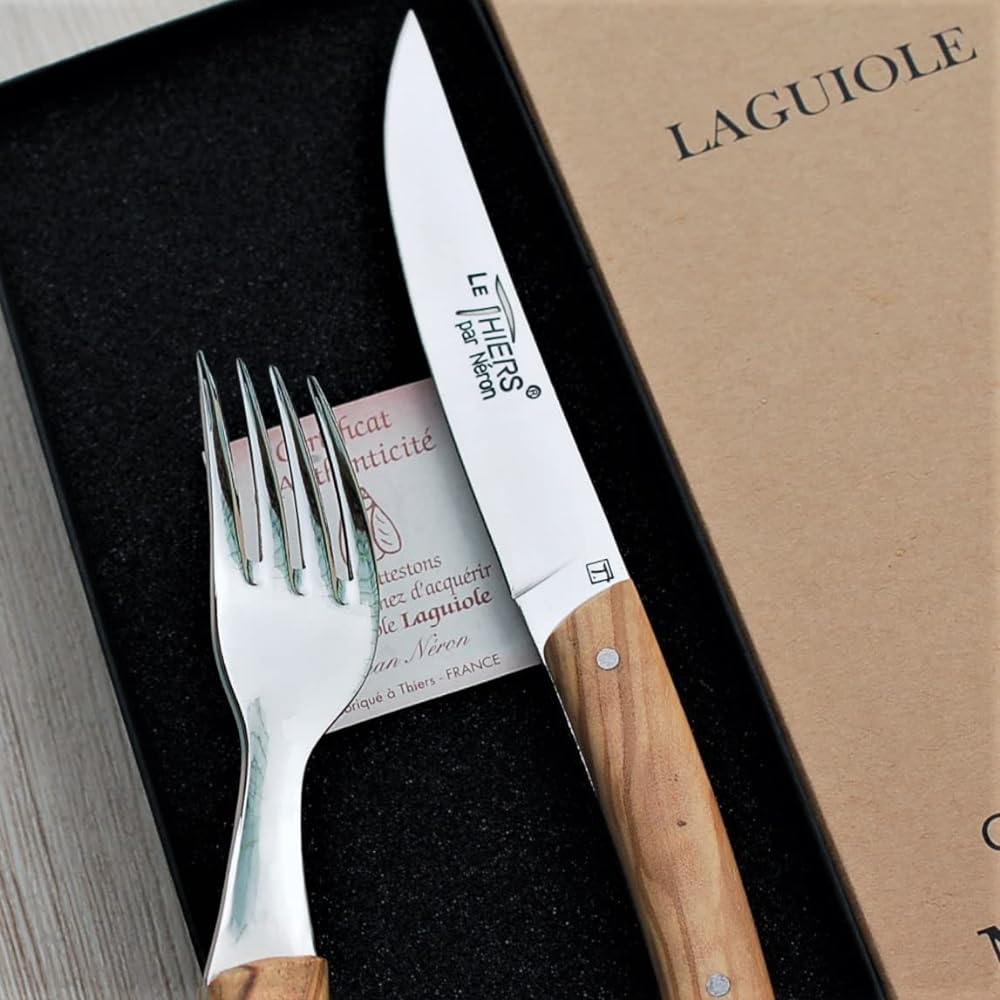 Natural Olive Handle Theirs 2.5mm Blade Steak Knife Fork Set Gift Box Made in France NERON