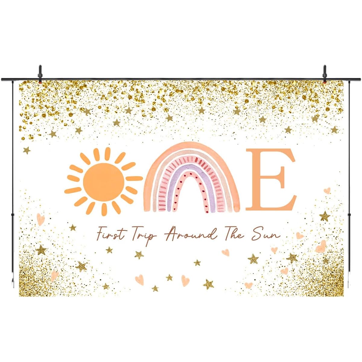 First Trip Around The Sun Backdrop Sunshine Boho Rainbow 1st Birthday Photo Background Decorations Gold Glitter Foil Baby Shower Cake Table Banner Supplies 5x3ft