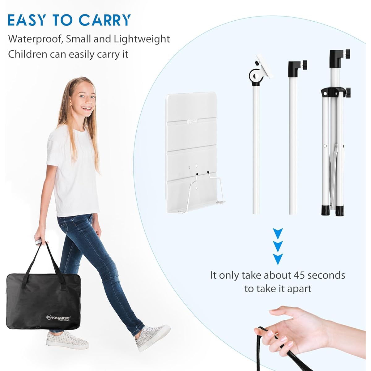 Kasonic Dual-Use Foldable Sheet Music Stand & Desktop Book Stand Portable Carry Bag Sheet Music Folder with Clip Holder (White)