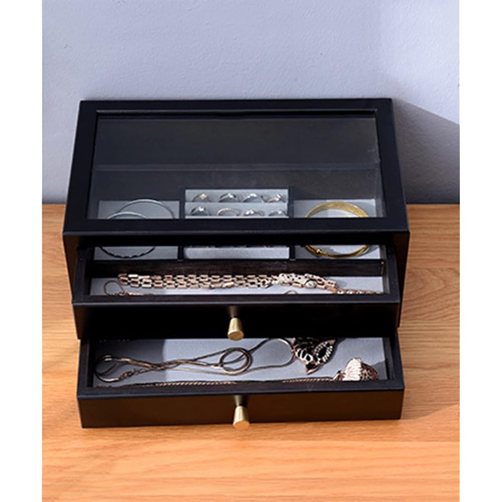 Aimoha Accessories Storage Stylish Wooden Paulownia Wood Jewelry Box Accessory Case Storage Box Large Capacity Storage Display Elegant Necklace Bracelet (Black) FREE