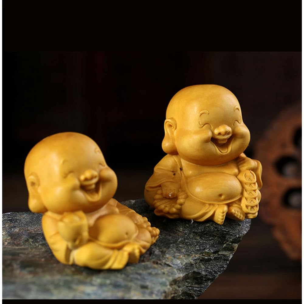 Mini Cute Hotei-like Ornament, High Quality Natural Boxwood Wood Carving [Set of 2] Buddha Statue, Wood Carving, Seven Lucky Gods Ornament, Cloth Bag, Money Luck Amulet (Height 5.2cm x Width 4.7cm x Depth 4cm)