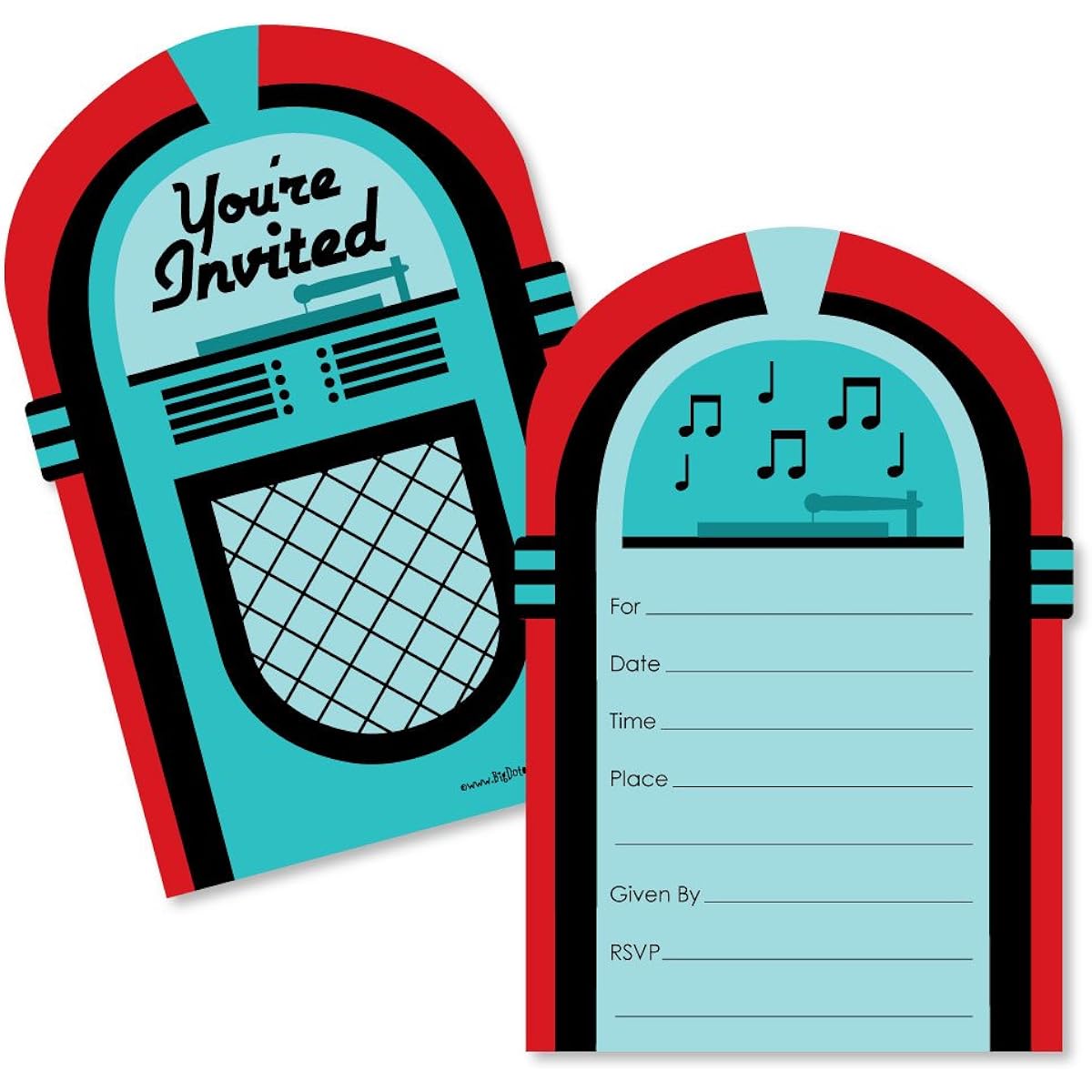 Big Dot's Happy 50's Sock Hop - Shaped Fill-in Invitations - 1950s Rock N Roll Party Invite Cards with Envelopes - Set of 12
