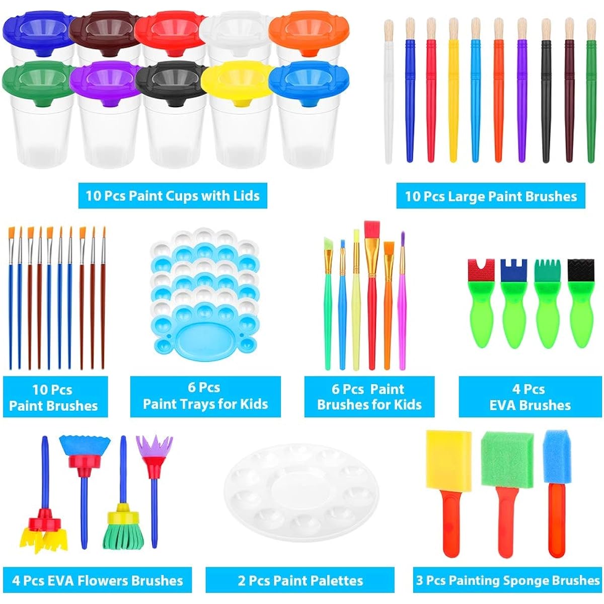 Paxcoo 55 Pack Paint Brushes for Kids, Kids Painting Tool Kit, Spill-Proof Paint Cup, Variety Kids Paint Brushes, Paint Palette, Kids Gifts, Birthday Art Party