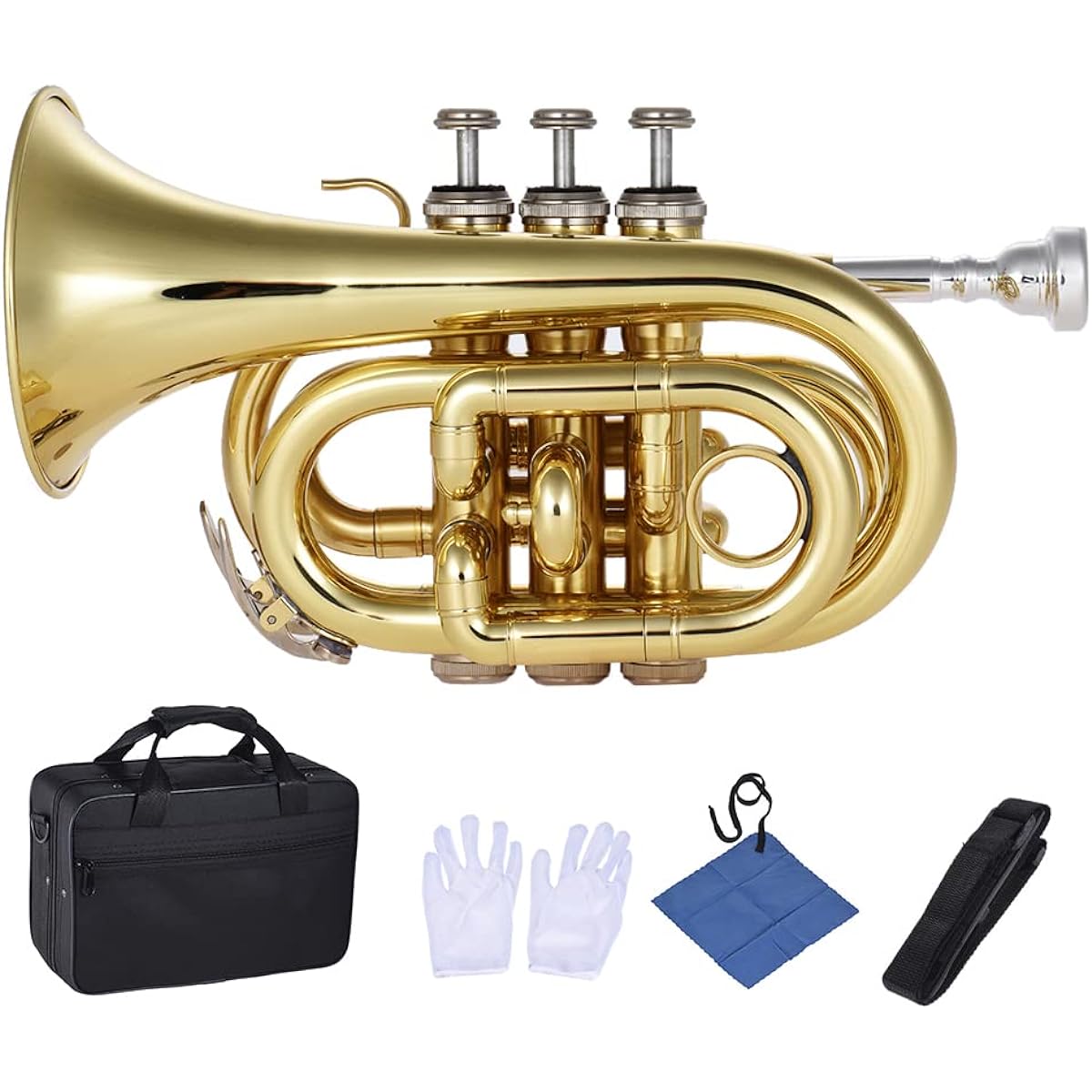 Juspins Mini Pocket Trumpet Bb Flat Brass Instrument with Mouthpiece Glove and Cleaning Cloth Carrying Case