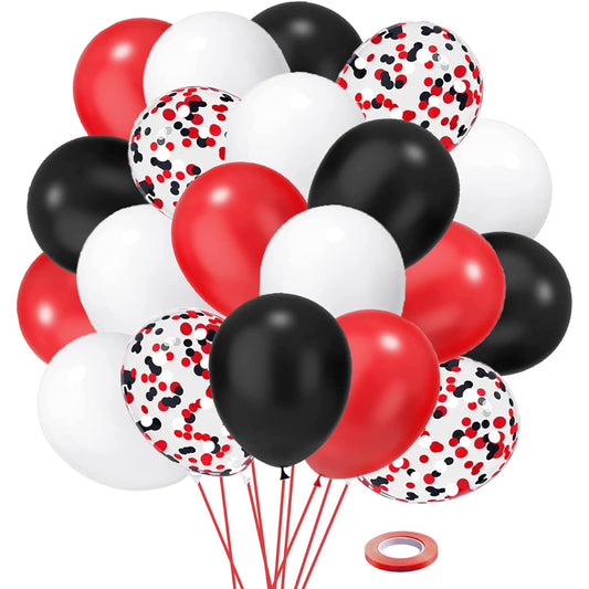 50 Pack Red and Black Latex Balloons, 12 Inch Black White Red Confetti Party Balloons with Ribbon for Birthday, Graduation, Wedding, Bridal Shower, Party Decorations