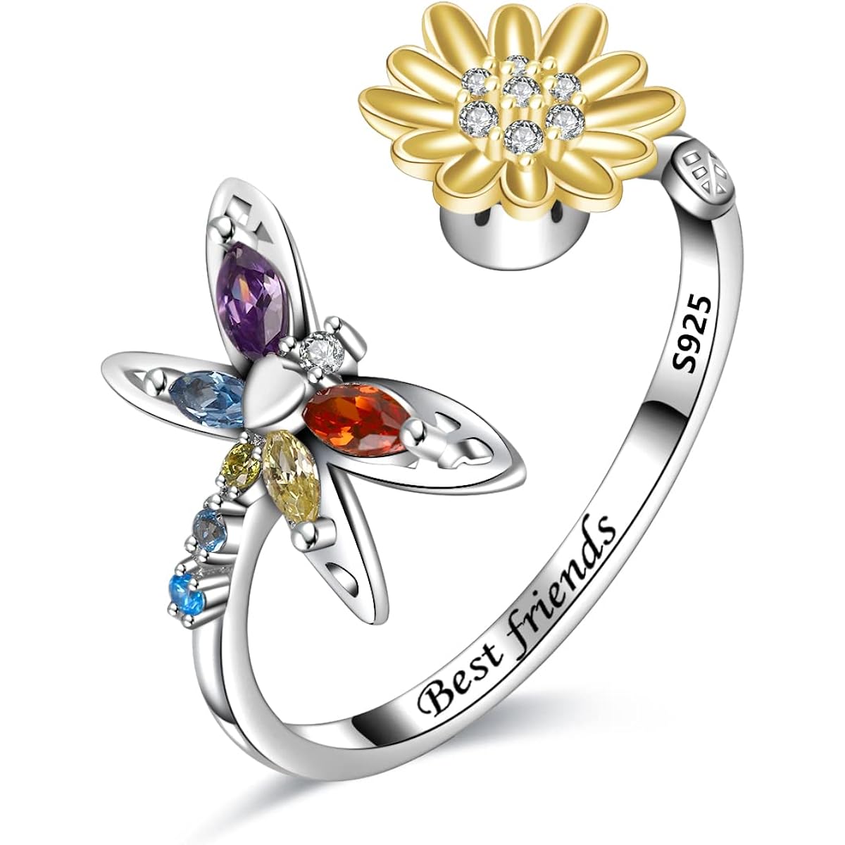 Lettering Anxiety Ring Sterling Silver Spinner Fidget Ring Butterfly Sunflower Gold Anxiety Spinning Ring - for Women Kids Teens Girls