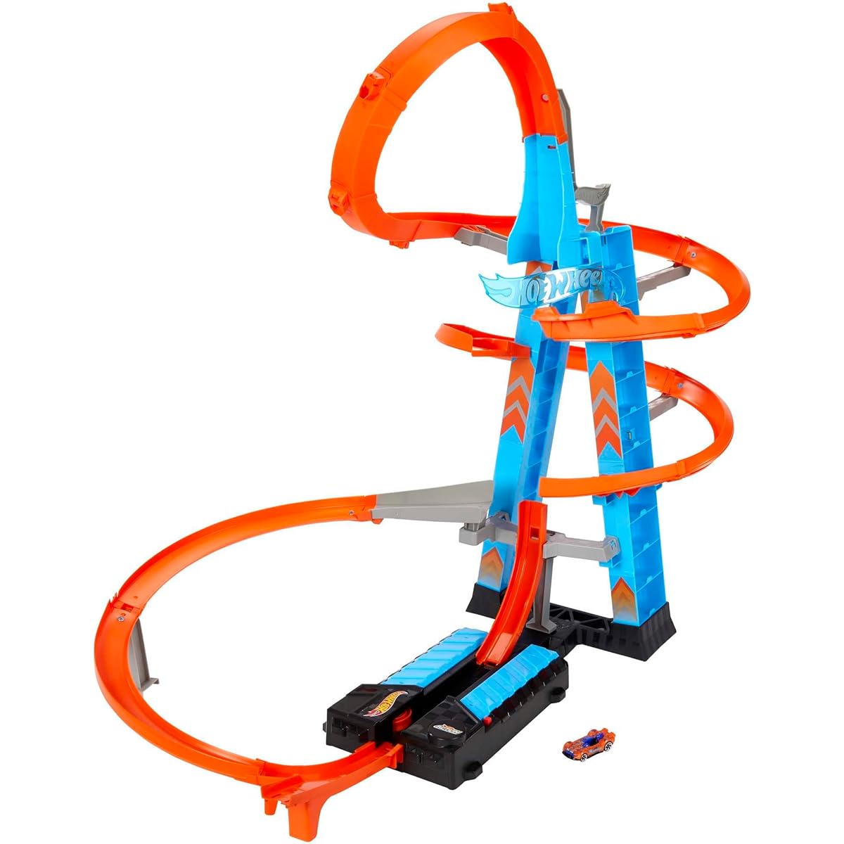 Hot Wheels Sky Crash Tower Track Set, 2.5+ ft / 83 cm High with Motorized Booster, Orange Track & 1 Vehicle, Race Multiple Cars, Gift for Kids 5 to 10 Years Old & Up