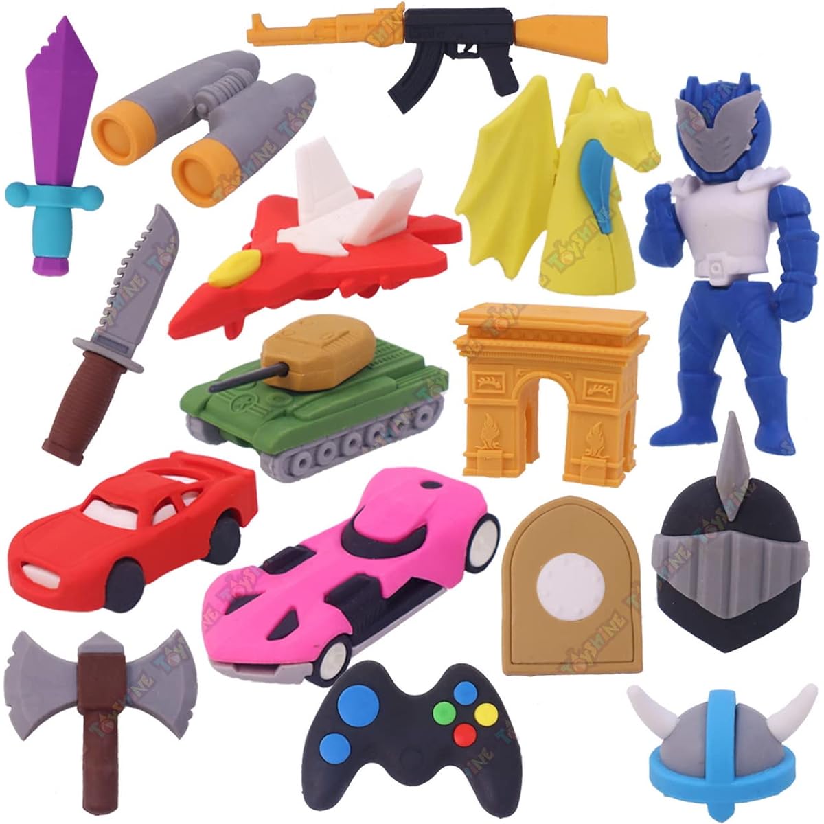 Toyshine 16 Pack Games and Tools Colorful Erasers Kids Party Favors School Supplies Birthday Gifts Boys Girls Collection
