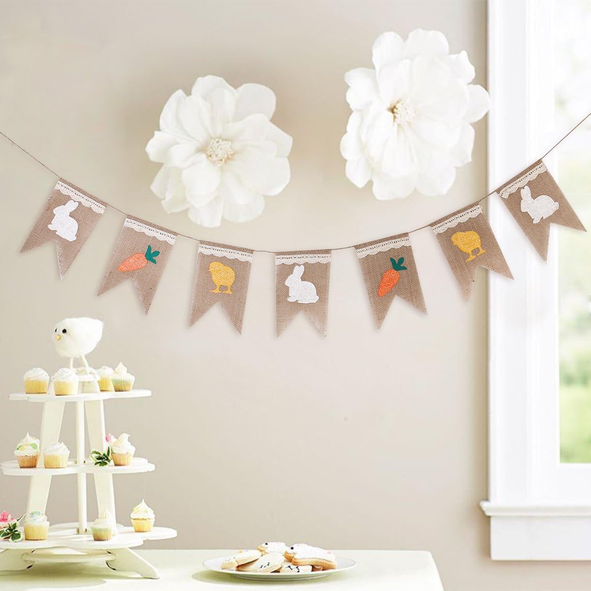 FENICAL Easter Decorations Bunny Banner Rabbit Carrot Burlap Bunting Banner for Easter Birthday Party Decoration