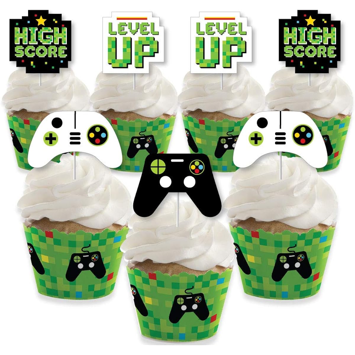 Big Dot of Happiness Game Zone Cupcake Decorating Pixel Video Game Party Birthday Party Cupcake Wrapper Treat Picks Kit Set of 24