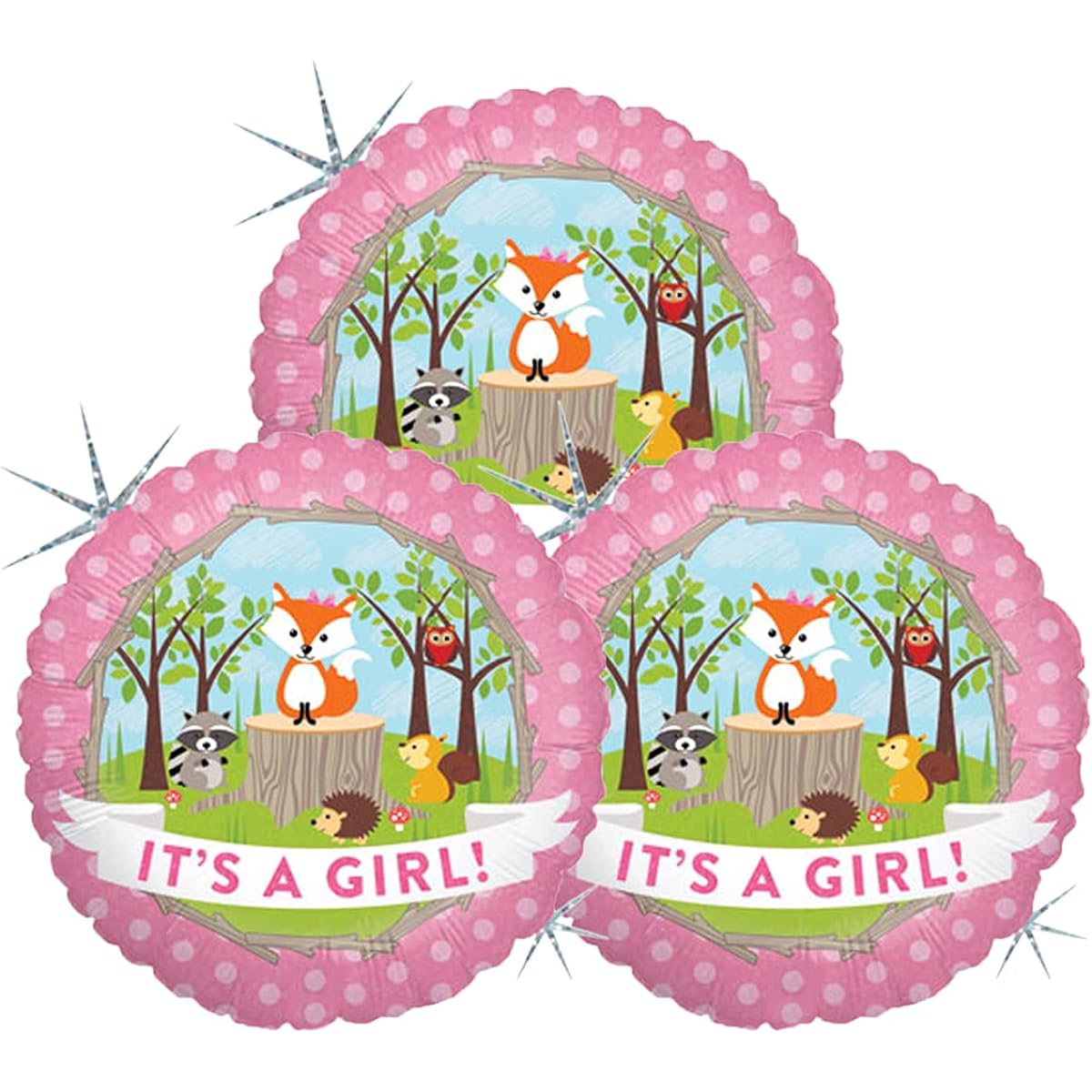 Woodland Fox and Friends It's a Girl Baby Shower Pink Balloon Bundle, Set of 3