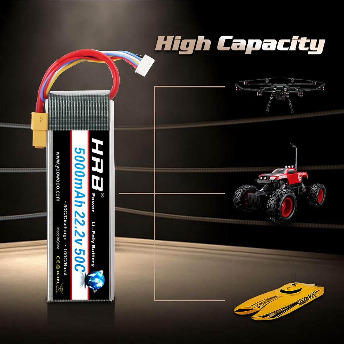 HRB 22.2V 50C 5000mAh 6S Lipo Battery with XT90 Plug for DJI Airplane RC Quadcopter Helicopter Car Truck Boat Hobby