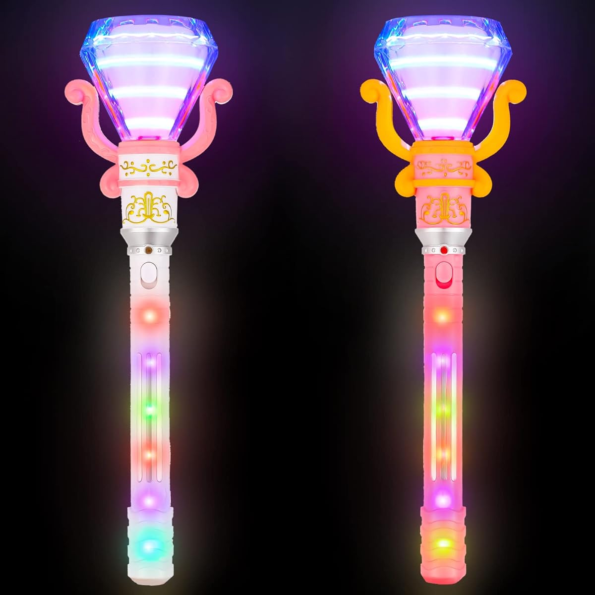 Multicolor Spinner Diamond Wands with LED Handles Magic Light Up Princess Wands Autism Sensory Toys LED Toys Birthday Gifts Party Favors 2 Pack