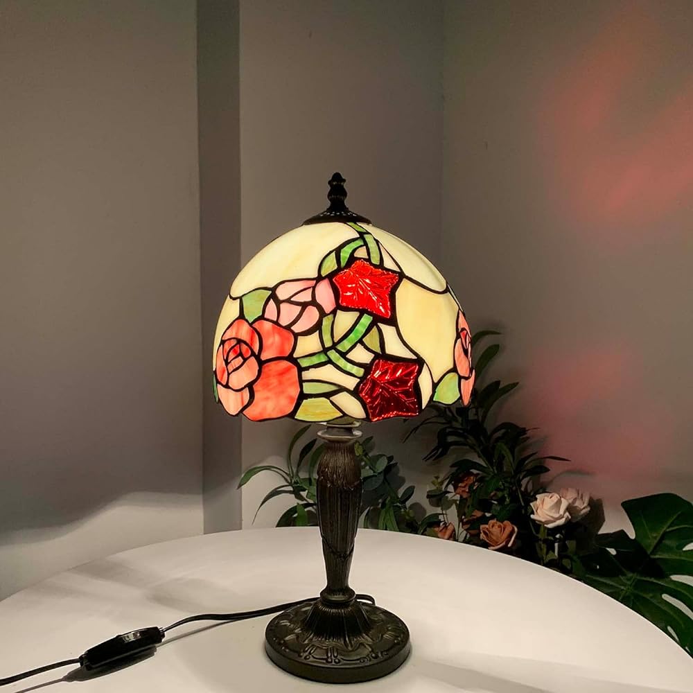 Stained Glass Table Lamp Table Light Stand Lamp Stand Light Antique Retro Stylish Tiffany Stained Lamp Bedroom Scandinavian Bedside Bed Light Tabletop Vintage Lamp Stand Light Rose LED Compatible BIEYE Lighting L10858