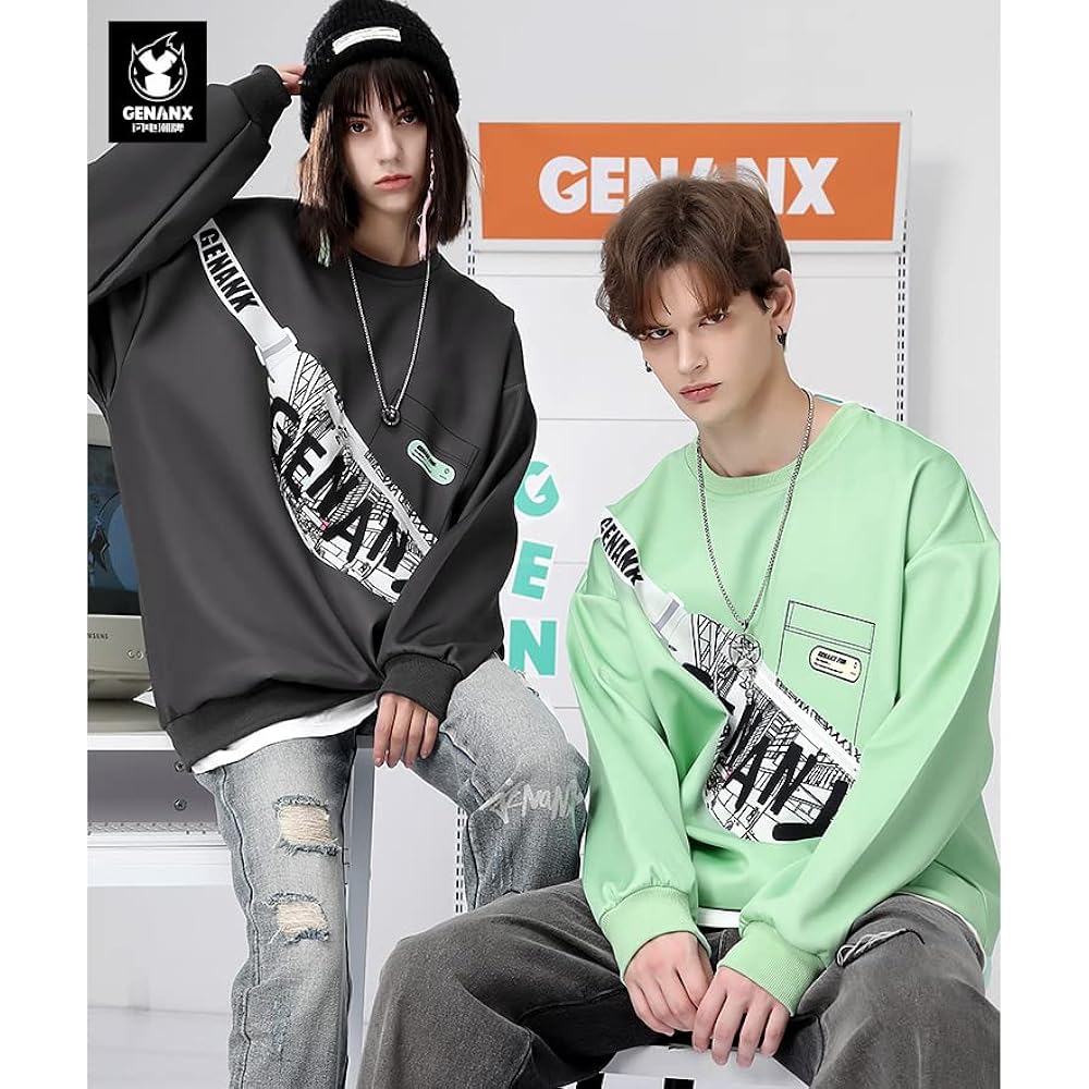 [Genanx] Unisex Graphic Typography Print Loose Fit Pullover Sweatshirt Detachable Bum Bag Crew Neck Hoodie