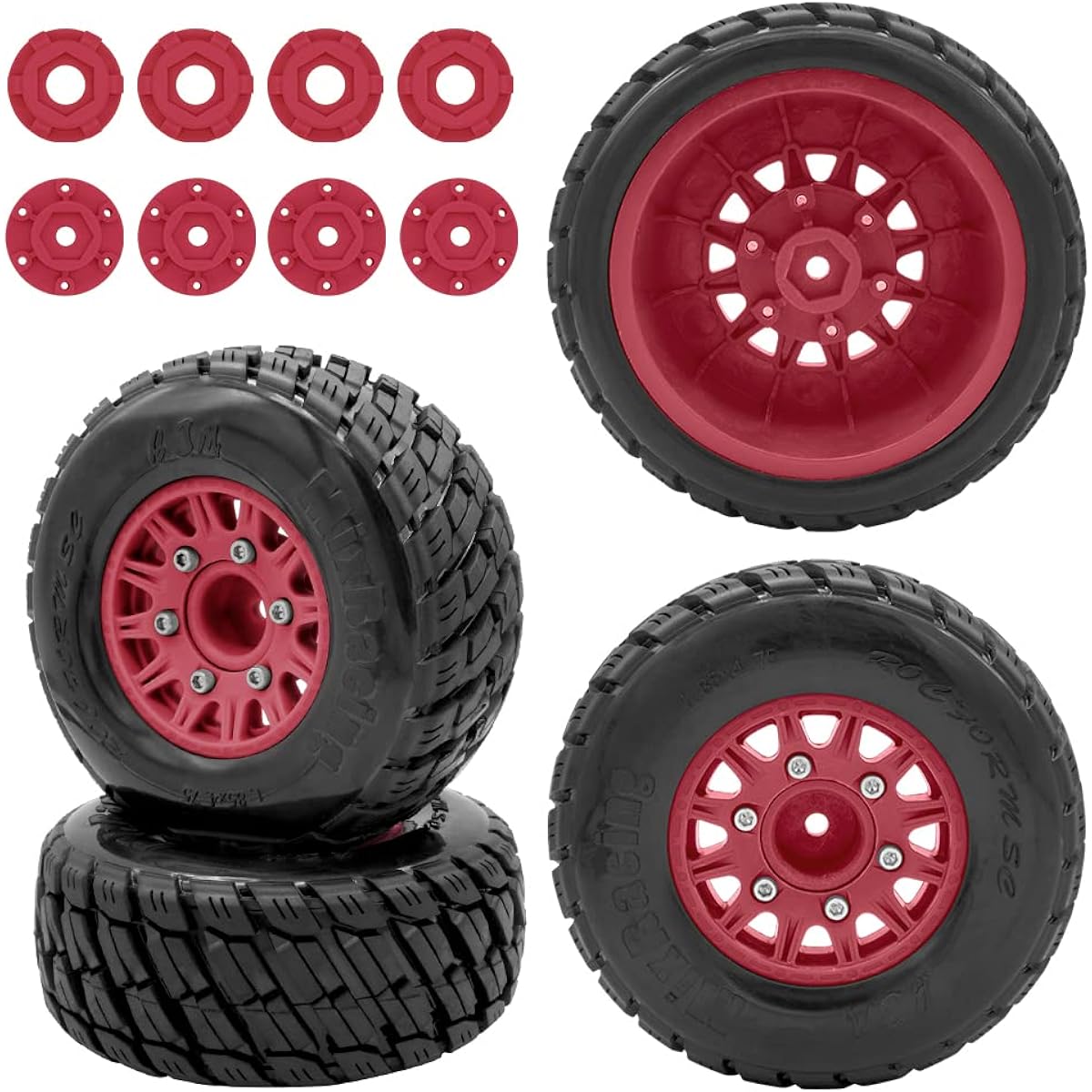 OGUNKE RC 4pcs Truck Tires 1/10 Scale for Arrma Senton Tires Traxxas Slash Tires Axial Redcat Rc4wd Hexagonal Detachable Replacement 14mm 12mm RC Wheels and Tires (Red)