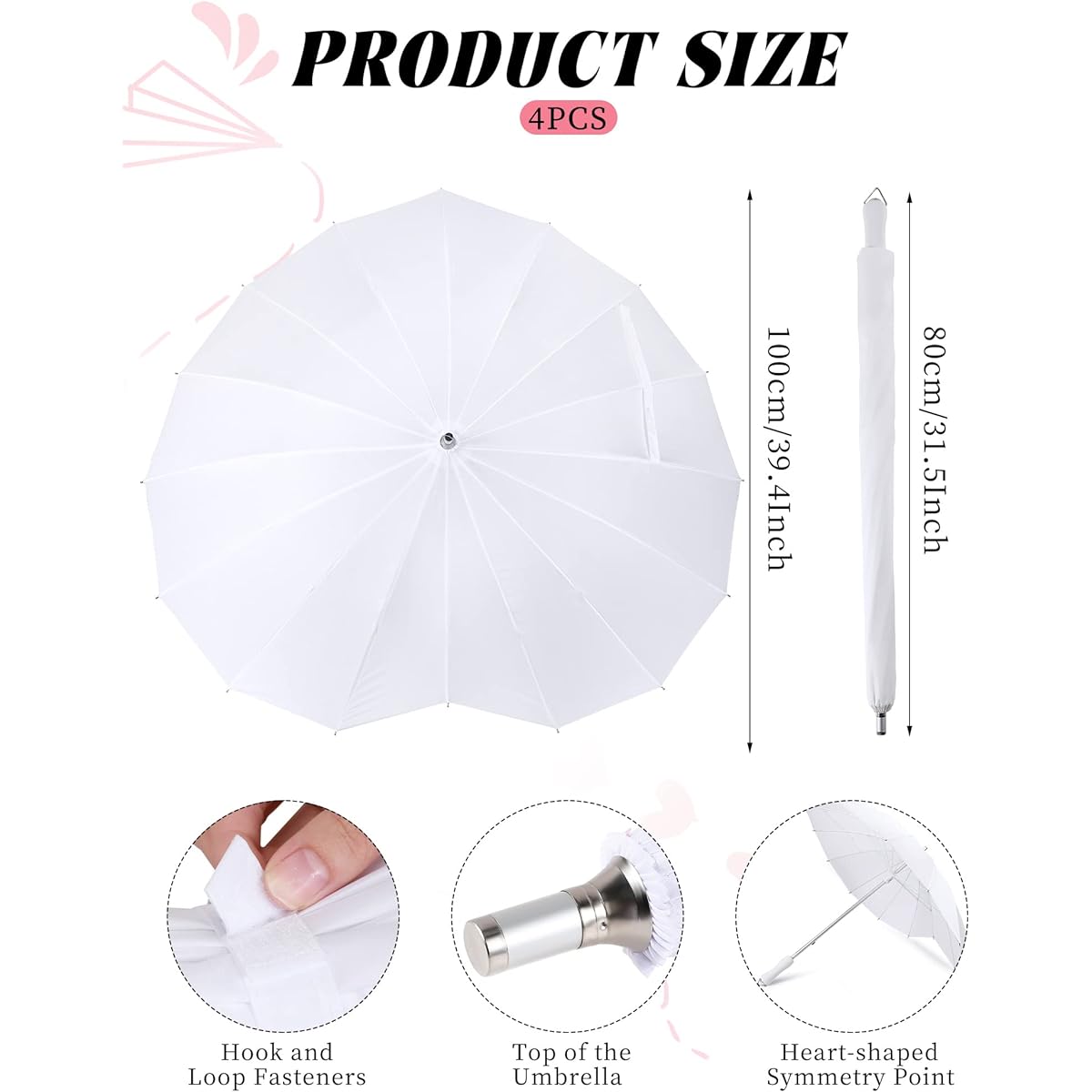 Chunful Heart Broly Heart Shaped Girls Umbrella Stick Umbrella Forever Love Parasol White Umbrella for Bride Valentine/Engagement/Wedding/Photo Props, Set of 4