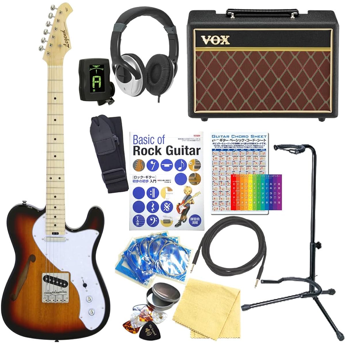Electric Guitar Beginner Set Telecaster Thinline Type 15-piece Set with VOX Amplifier Legend LTE-69TL 3TS