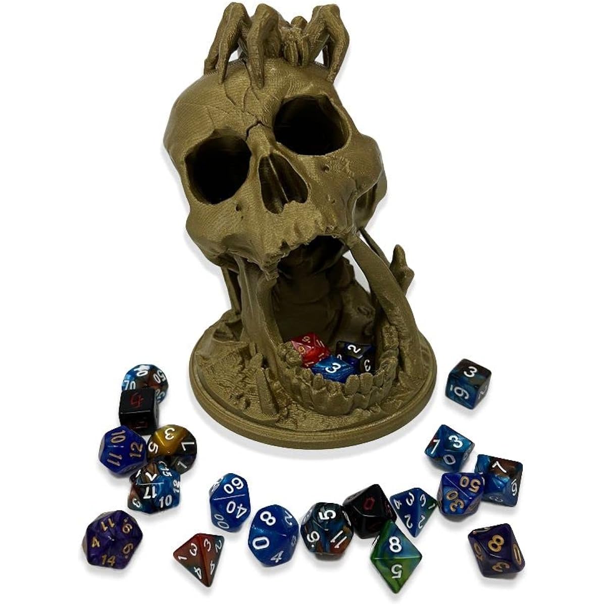 MunnyGrubbers - Skull Dice Tower - (Includes Set of 7 Random D20 Dice) - Tabletop Role Playing Game - Dice Roller - Dungeons and Dragons - DND - D&D - (Bronze)