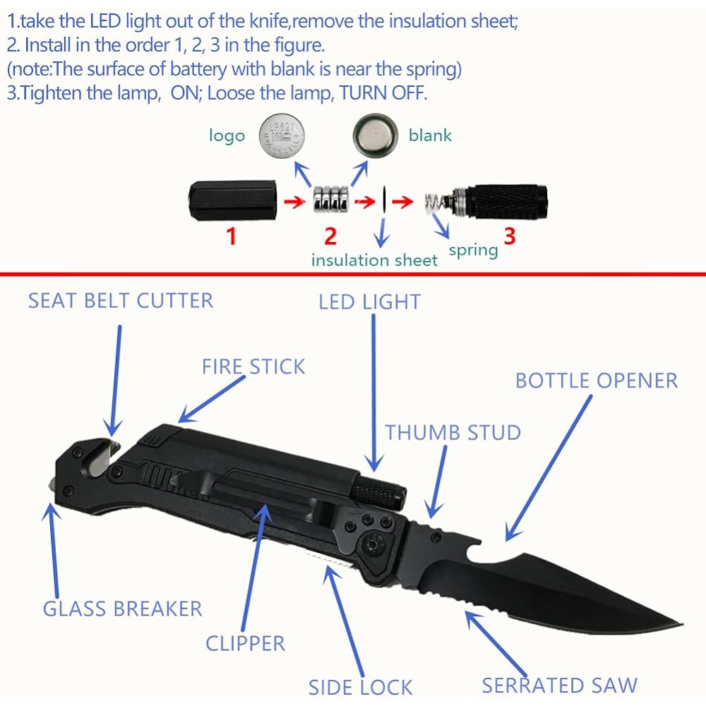 ALBATROSS 6-in-1 Survival Tactical Military Folding Pocket Knife with LED Light Seat Belt Cutter Glass Breaker Magnesium Fire Starter Bottle Opener Multifunctional Emergency Tool (Black)