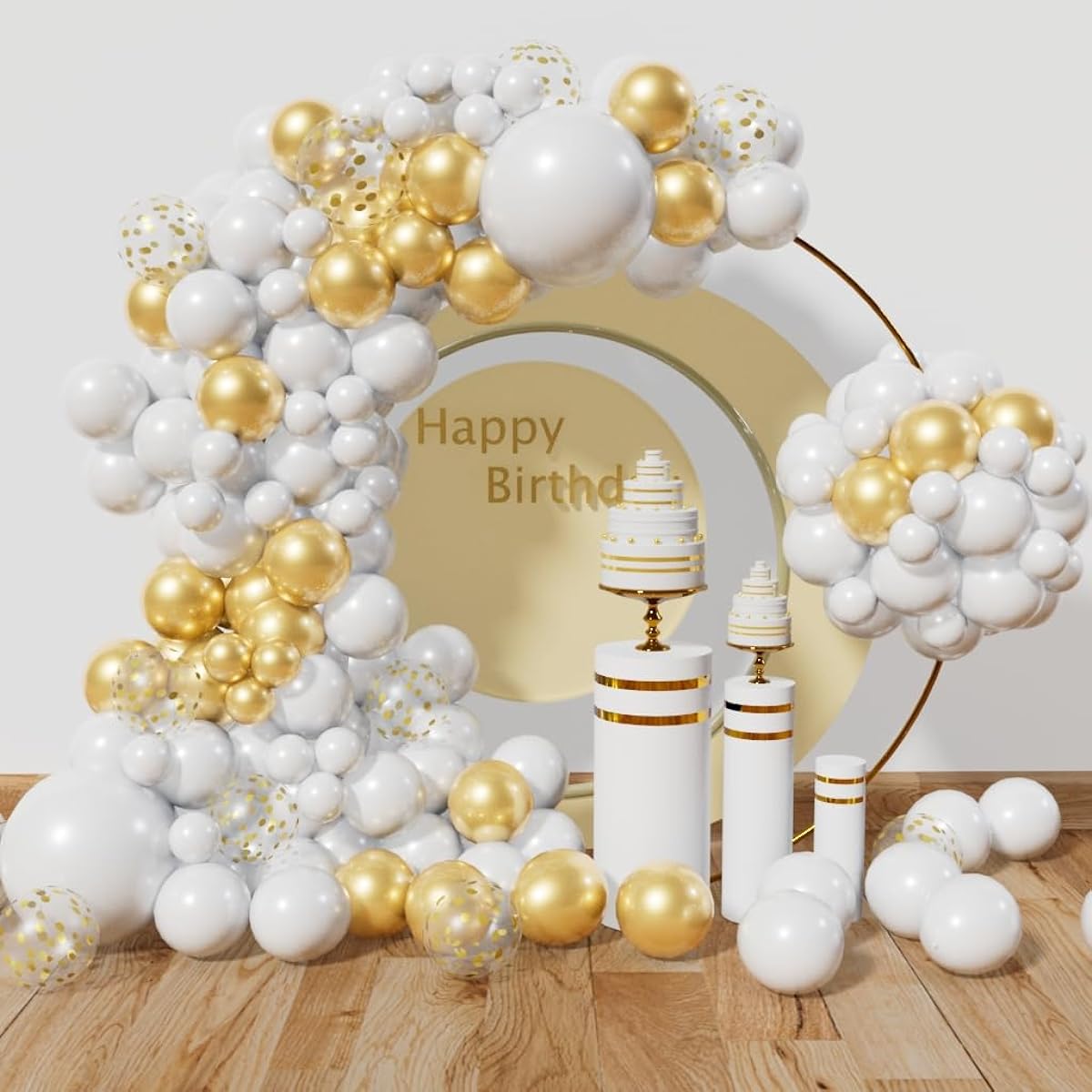 white gold balloon arch