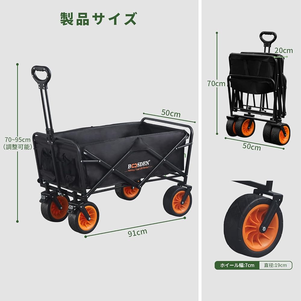 BOOSDEN Carry Wagon Foldable Outdoor Camping Wagon Cart 7CM Wide Large Tires 110L Large Capacity Load Capacity 100kg Convenient Storage Sandy Beach Fishing Sports Day Sports Camping Equipment