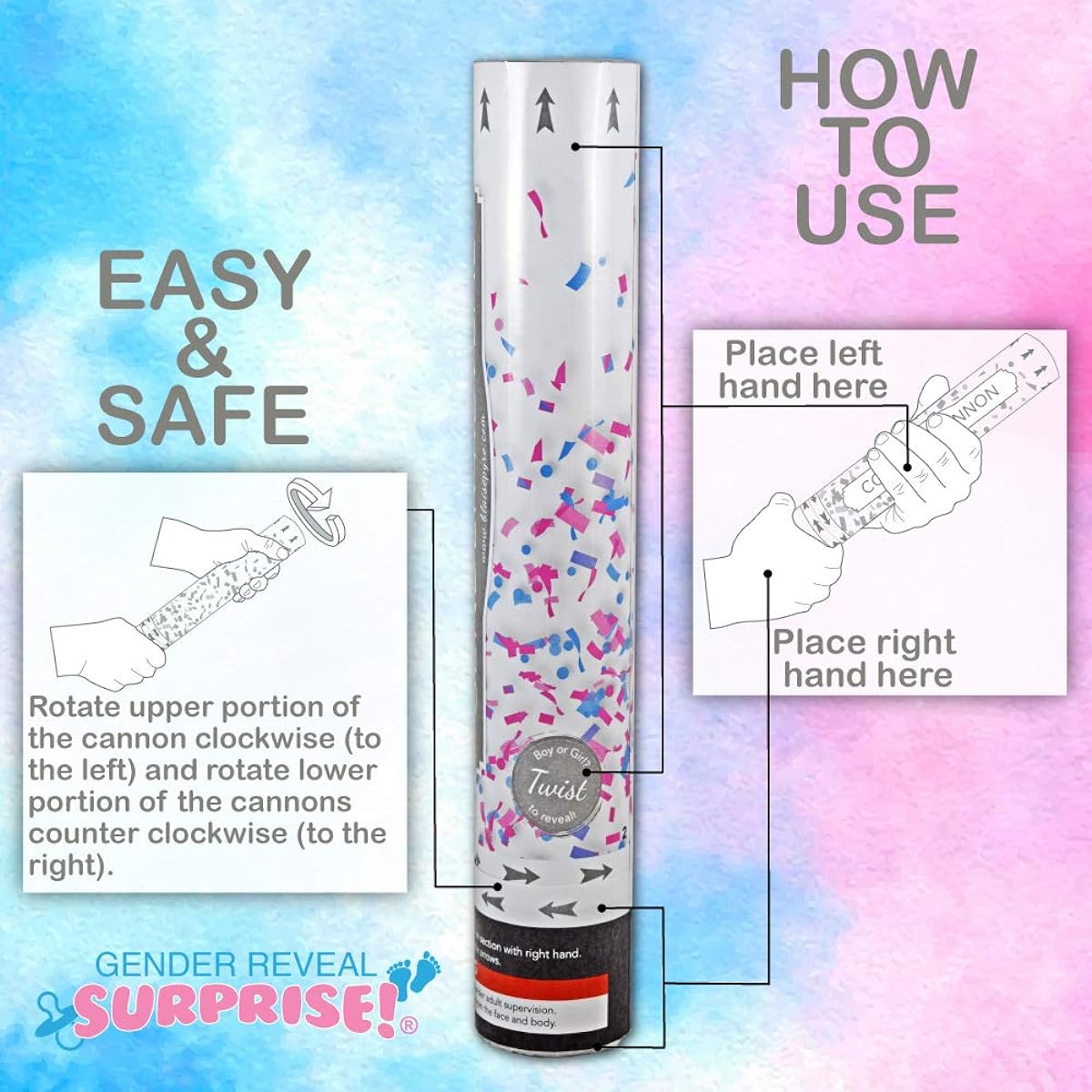 Gender Reveal Surprise Confetti Cannons Set of 2 Blue for Boys 12" Biodegradable Confetti Smoke Free Safe
