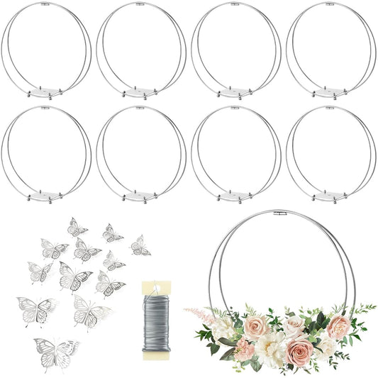 8 Pack 14" Metal Floral Hoop Centerpieces with Stand and 38 Yard Paddle Wire Craft Centerpieces Table Decorations Centerpieces for Weddings, Christenings, Parties, Tables DIY Metal Ring Table Decor, Silver