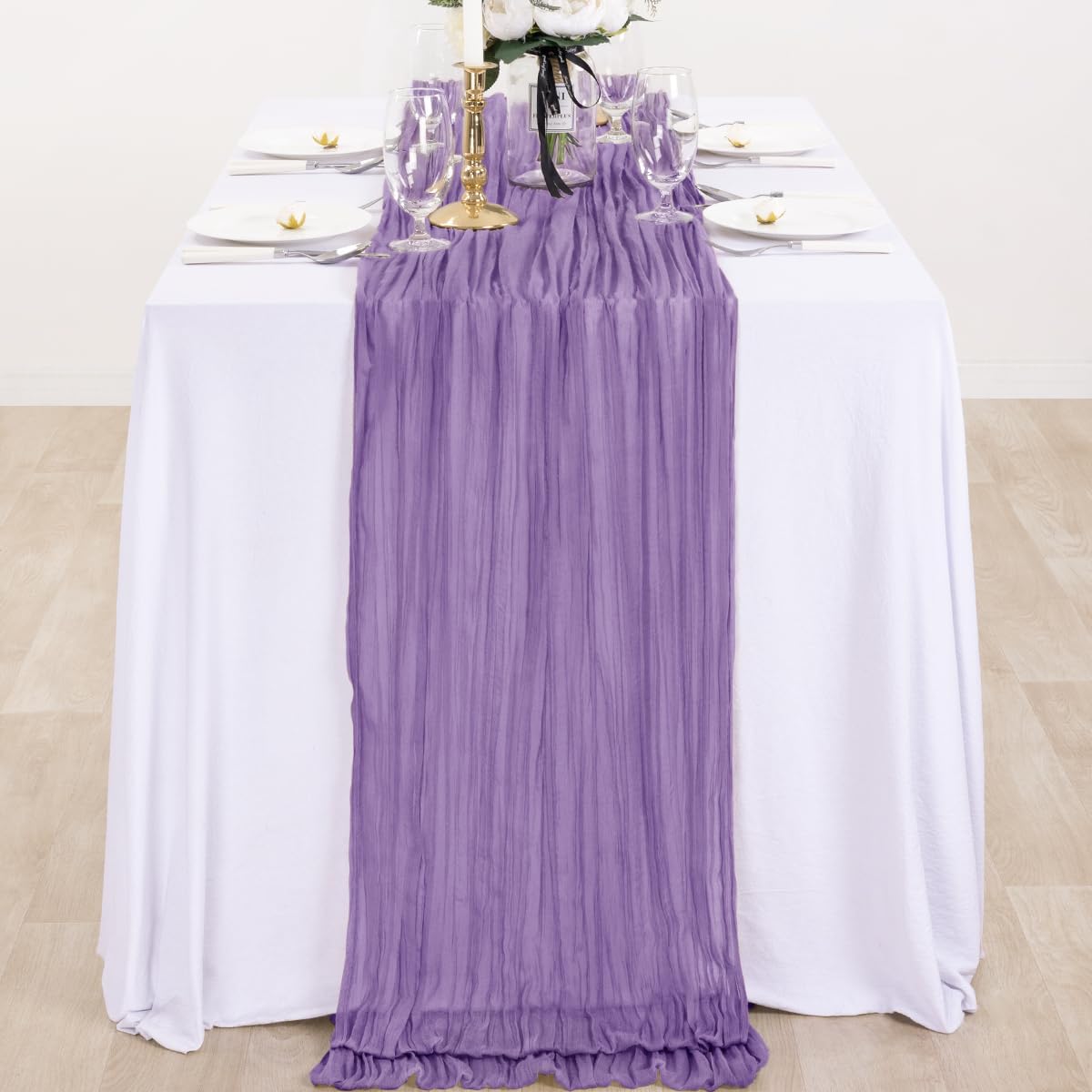 DeZerlor Grape Purple Cheesecloth Table Runner 35" x 120", Boho Gauze Table Runner 10' Crinkled Sheer Table Runner for Wedding, Halloween, Thanksgiving, Christmas, Bridal, Baby Shower, Party Decorations