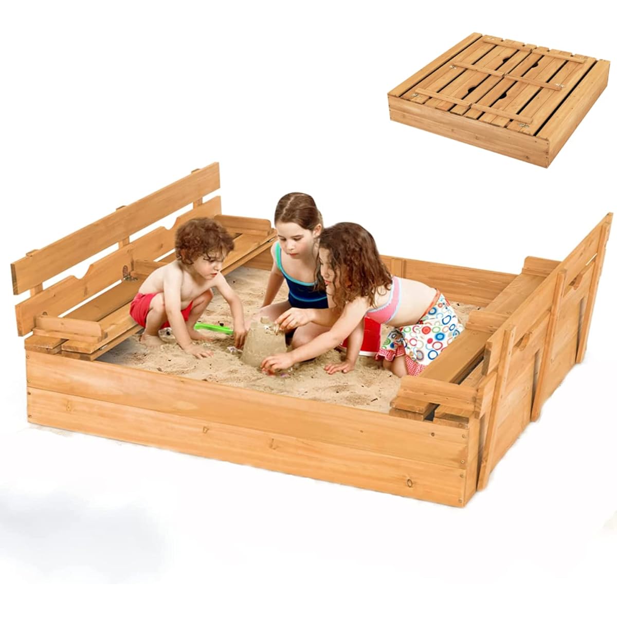 HONEY JOY Sandbox with Cover, 47" x 47" Cedar Bottomless Sandbox for Backyard, Deck, Patio, Lawn, Sand Protection, 2 Foldable Benches, Square Wooden Sandbox for Kids, Outdoor, with Lid