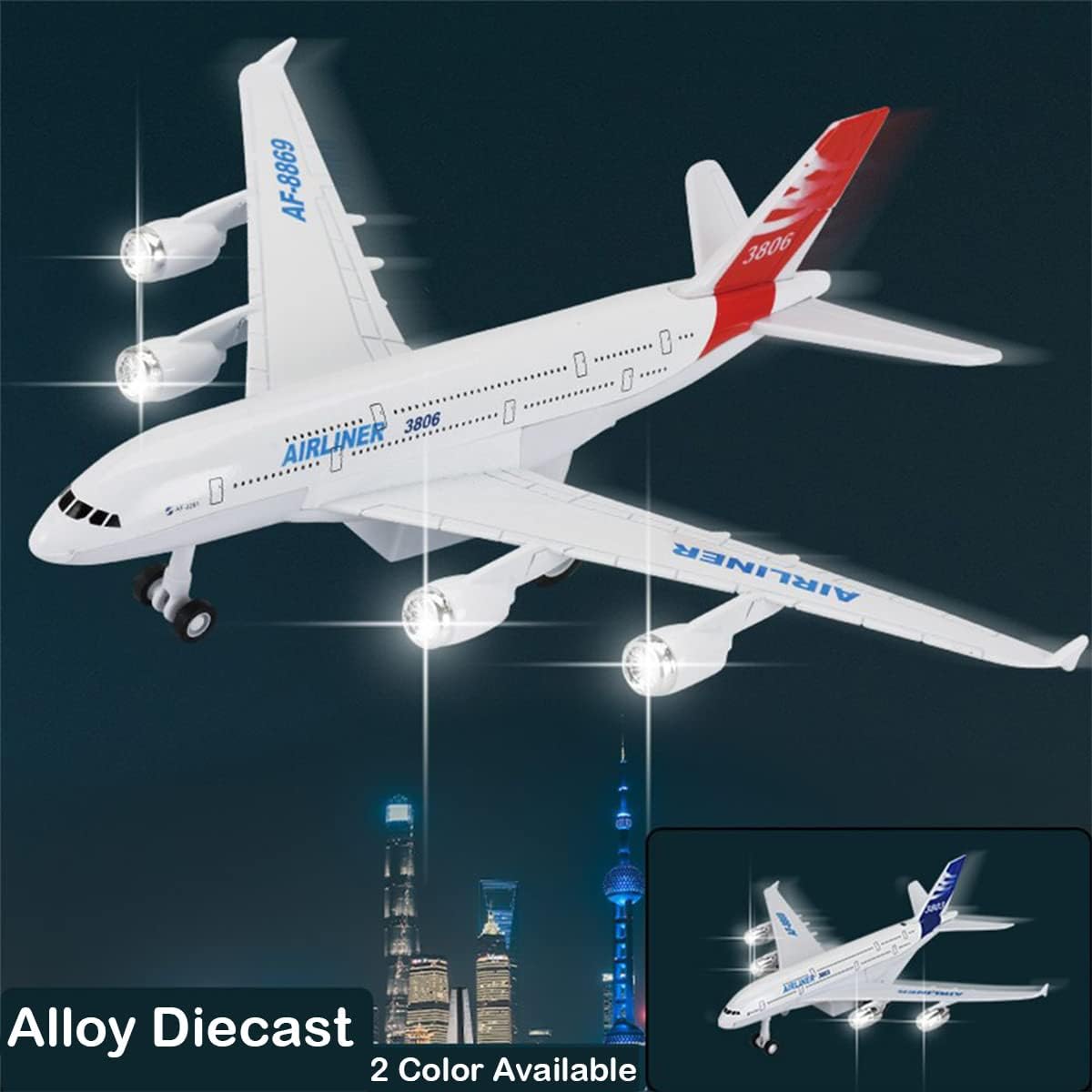 Diecast Commercial Airplane Toy 7.25" Big Model A380 with Lights and Sounds 1:400 Pull Back Alloy Metal Aircraft Party Favors for Kids Pack of 6